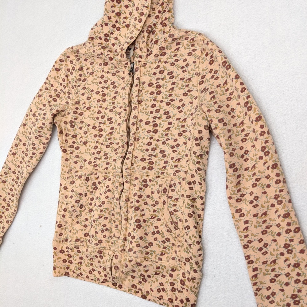 3/$20 Sale Lucky brand floral tan brown zip up hoodie XS - Picture 2 of 6